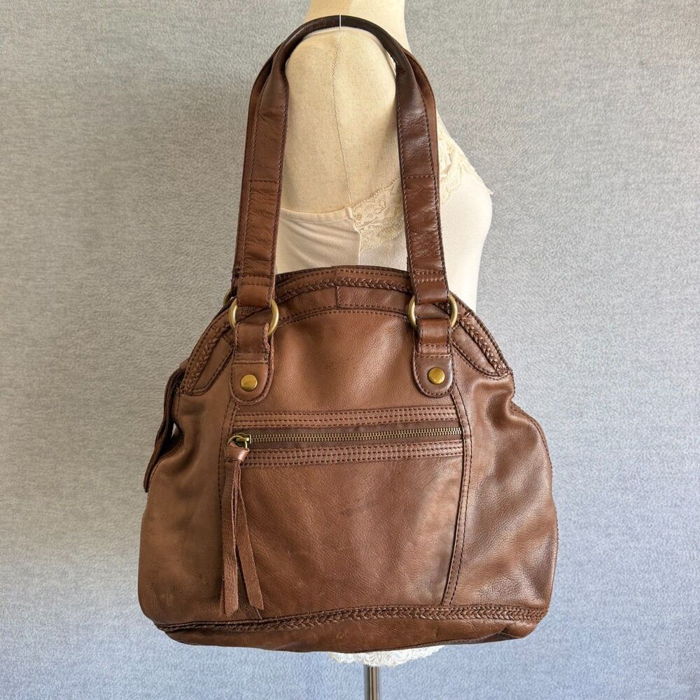 Lucky Brand Slouchy Leather Bowling Bag Boho Tassel Braided Rugged Distressed
